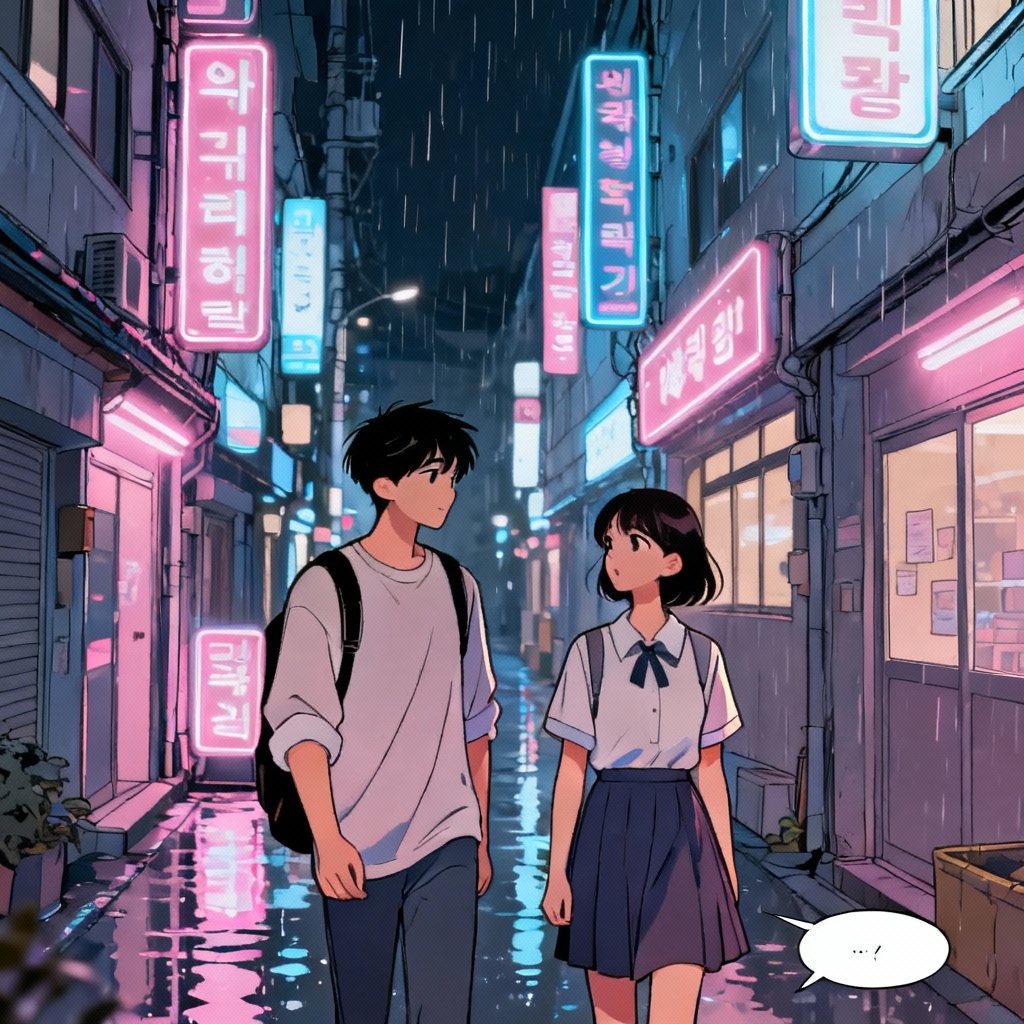 AI Korean webtoon prologue scene in neon city with characters