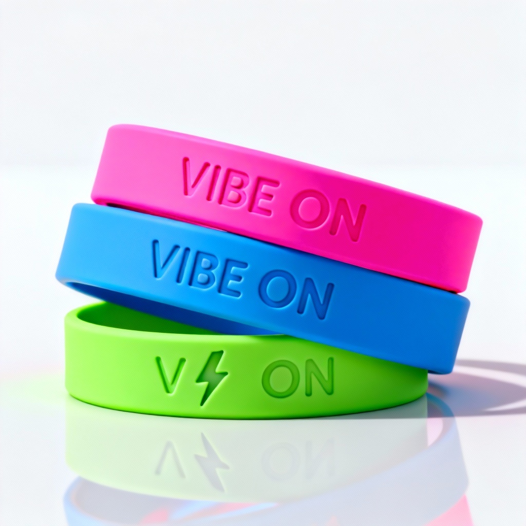 AI silicone wristband design stack with neon colors and embossed text
