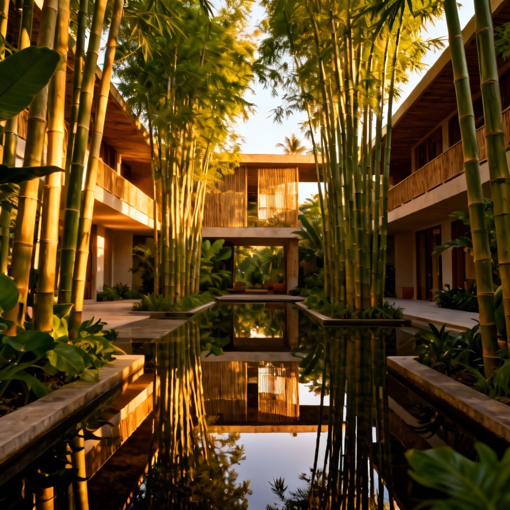 AI tropical eco resort courtyard environment