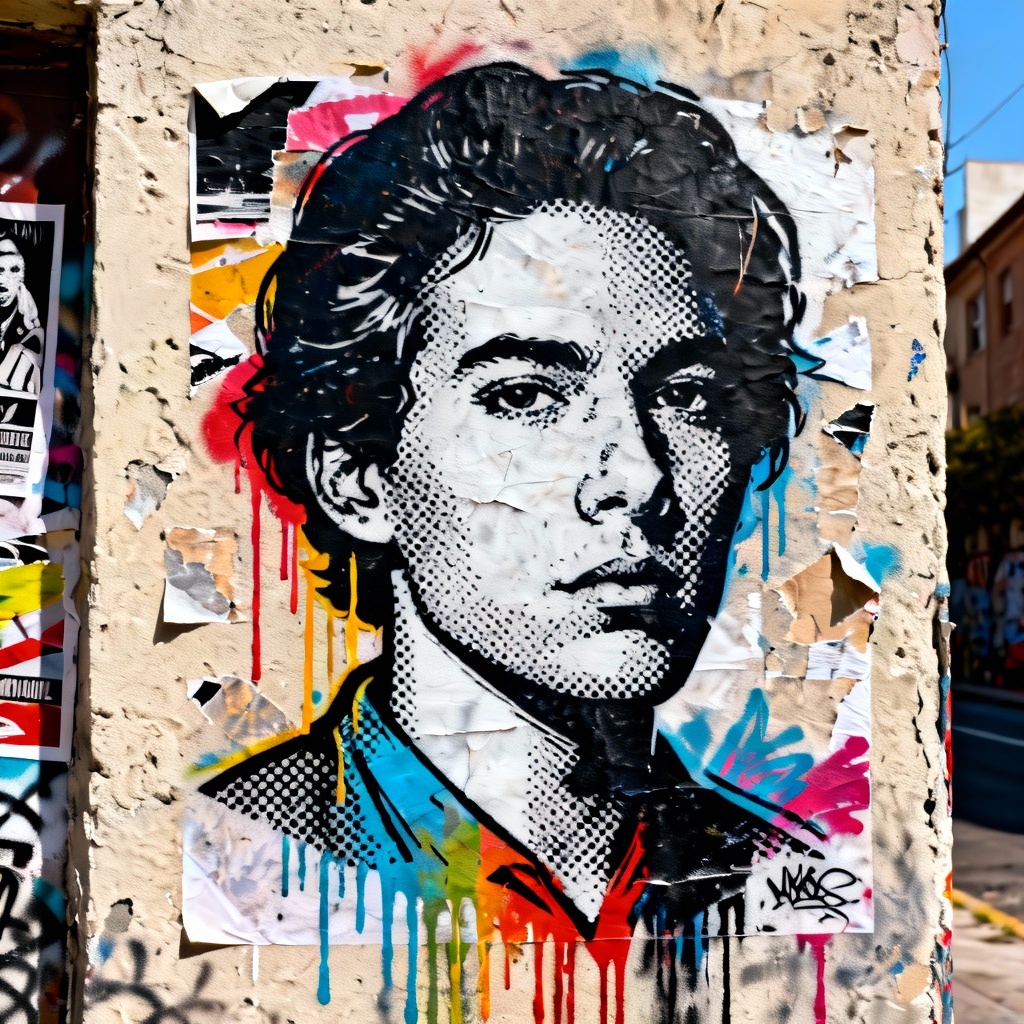 AI graffiti portrait with spray paint drips and halftone