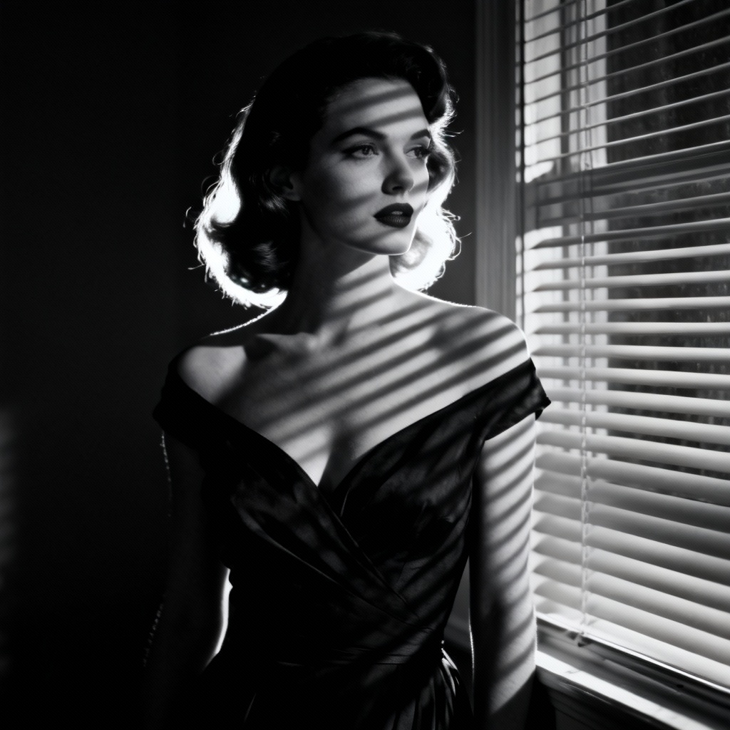 AI noir femme fatale by window with blinds