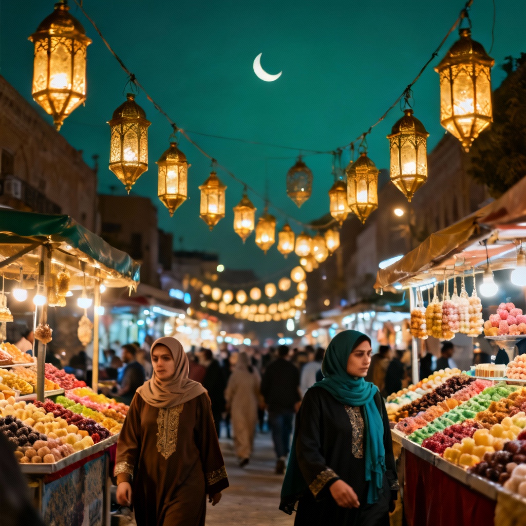 AI Ramadan night market with lanterns and crescent moon