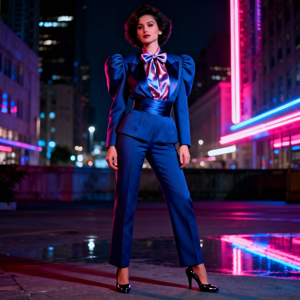 AI 1980s power suit with city lights