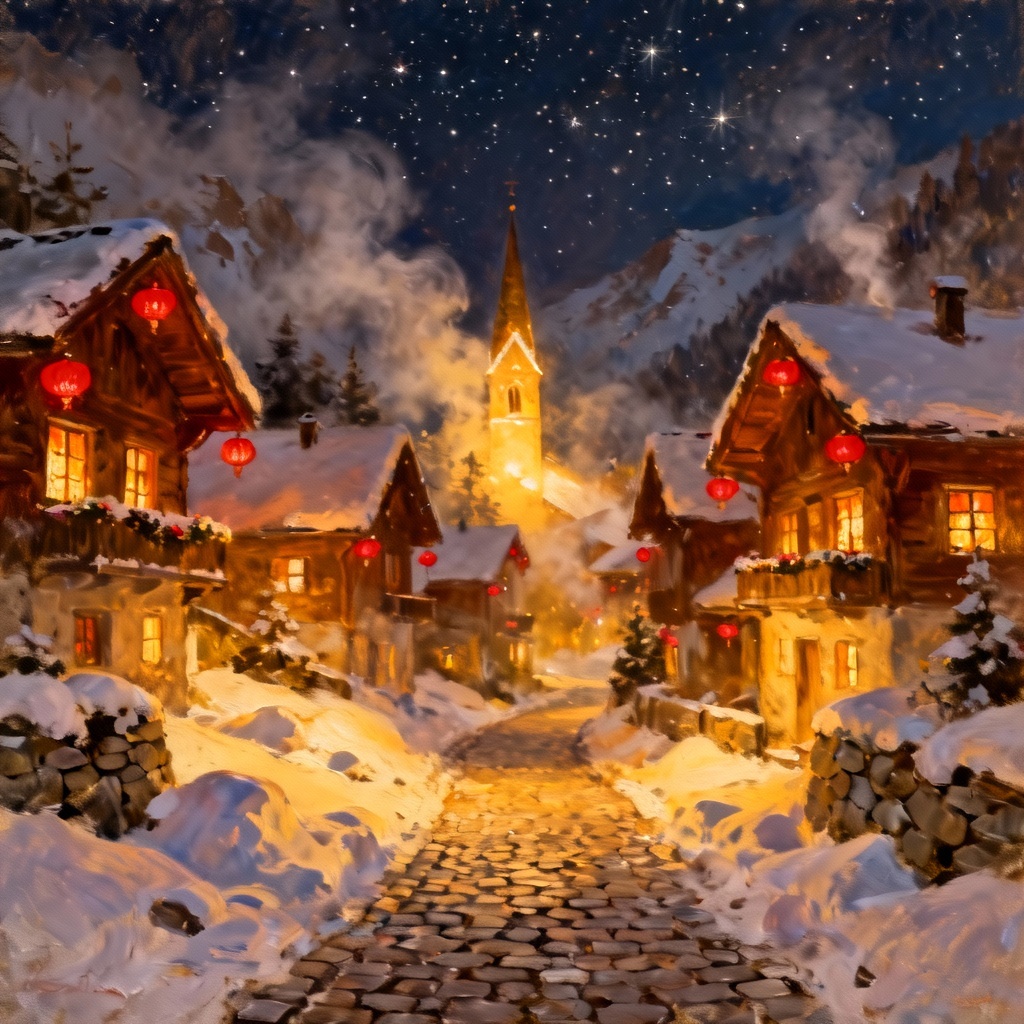 AI frozen-style cozy village under snowfall at night