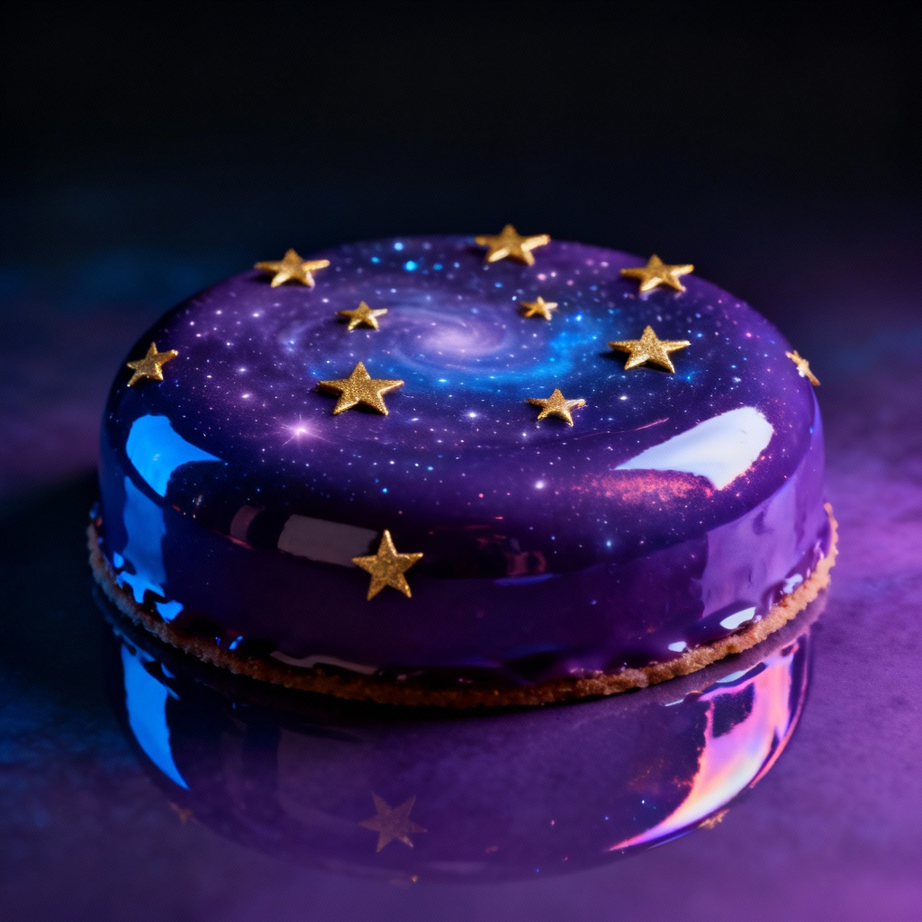 AI galaxy mirror glaze cake with stars and nebula swirls