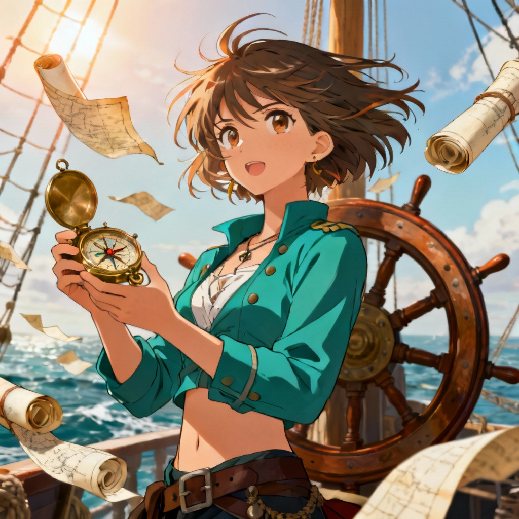 Female navigator holding charts and compass on deck