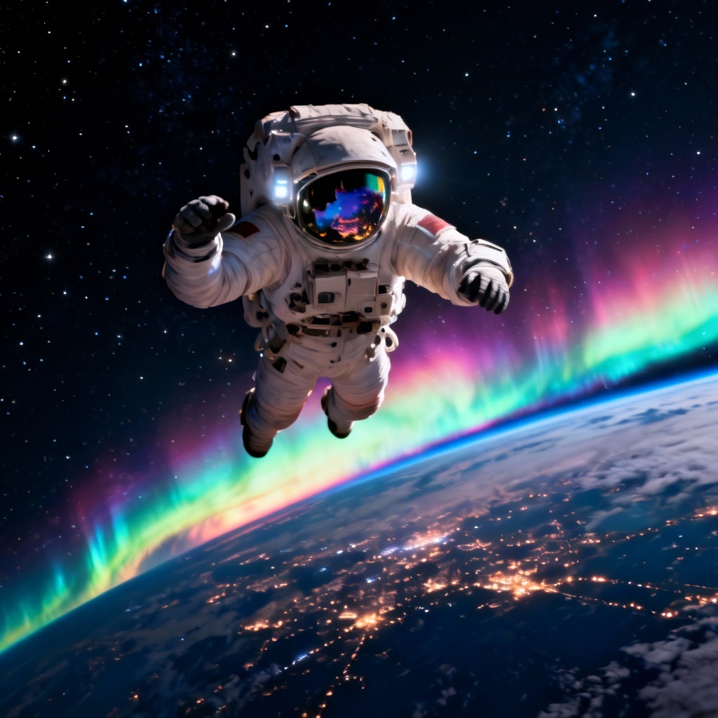 AI astronaut floating above Earth with bright aurora
