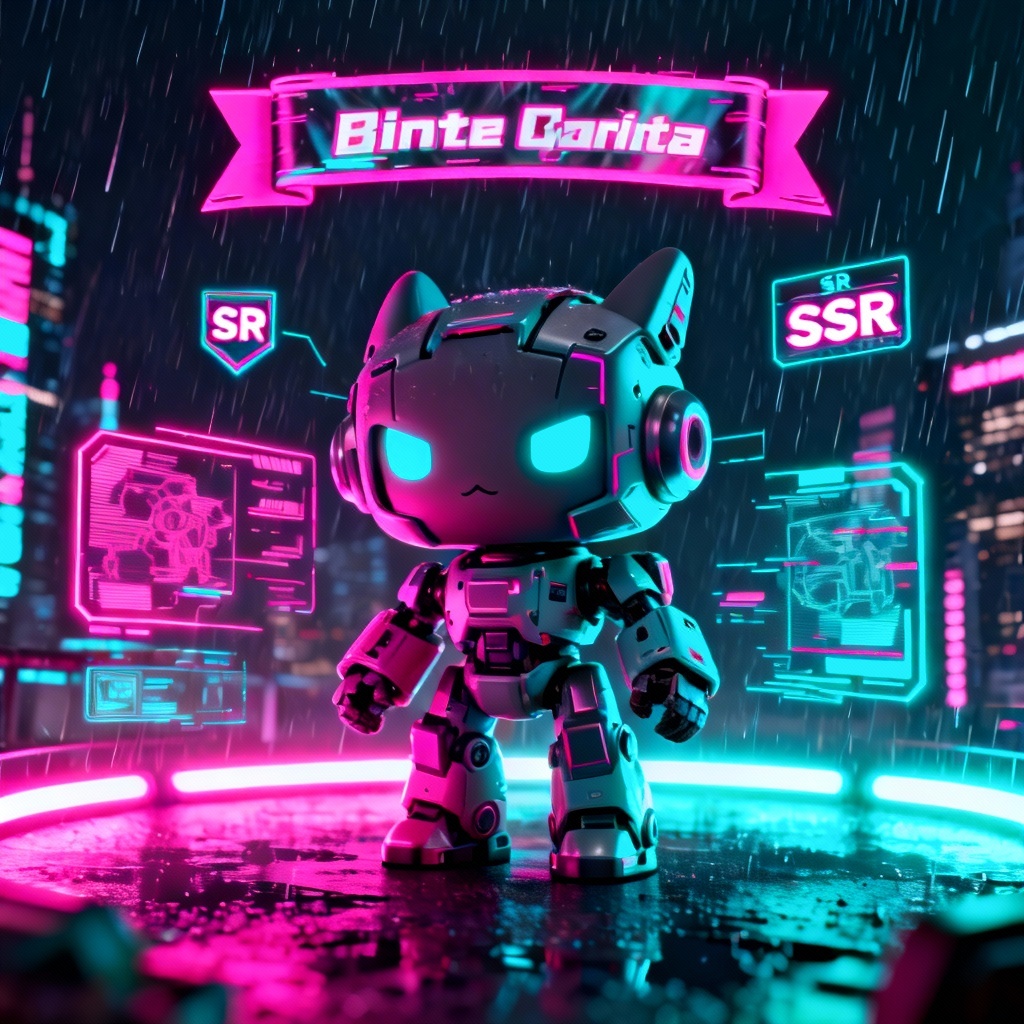 Cyberpunk mech blind box with neon gacha banner style
