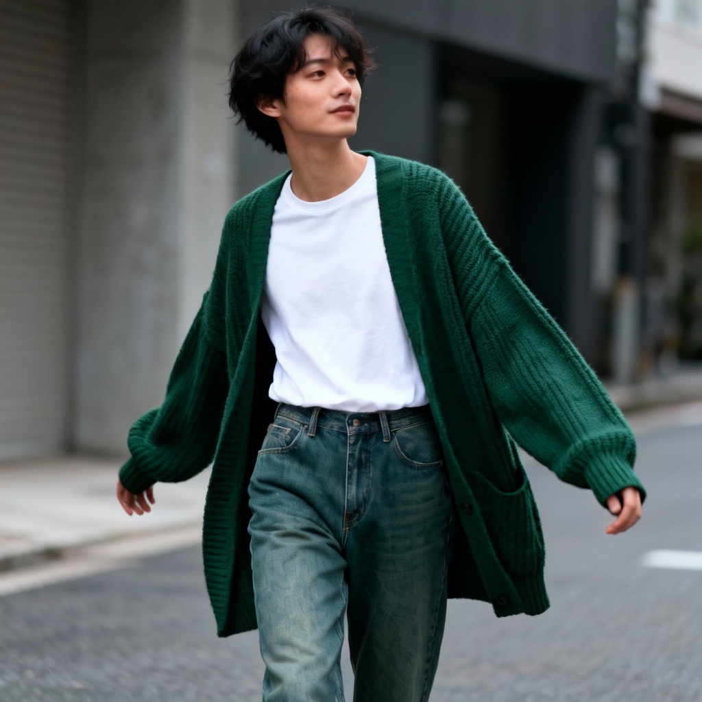Oversized forest green cardigan streetwear look