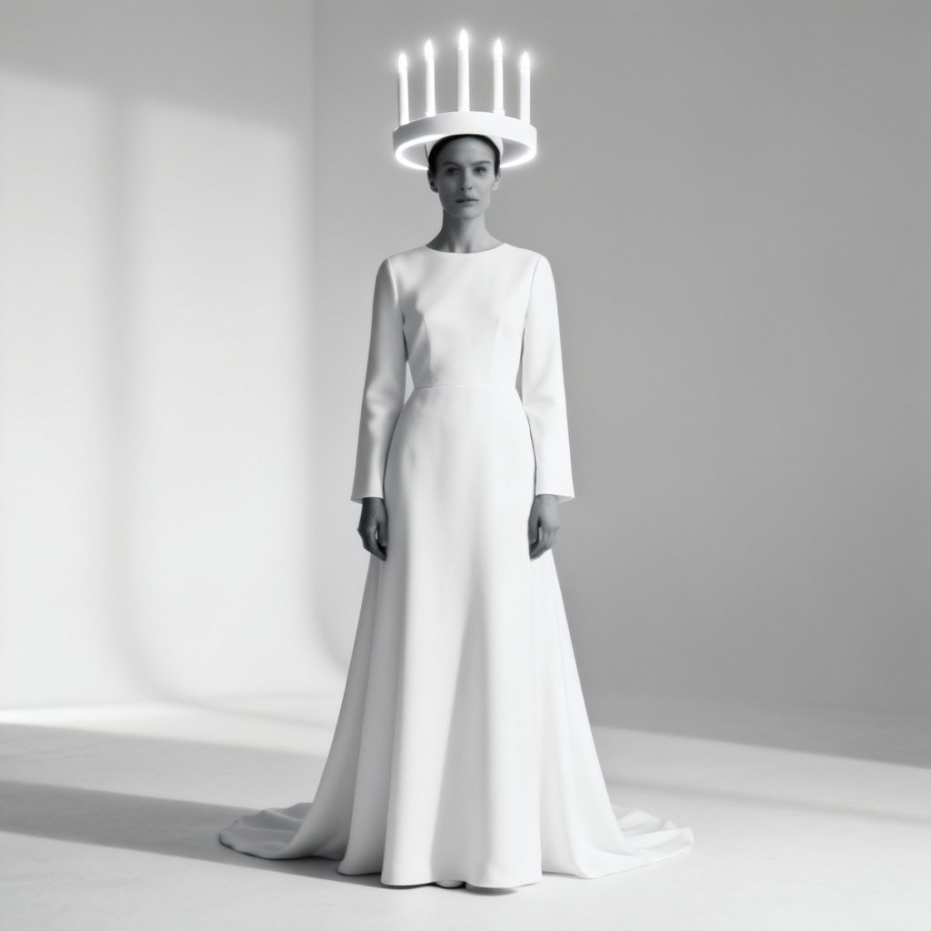Modern minimal Lucia halo with LED candles and white gown