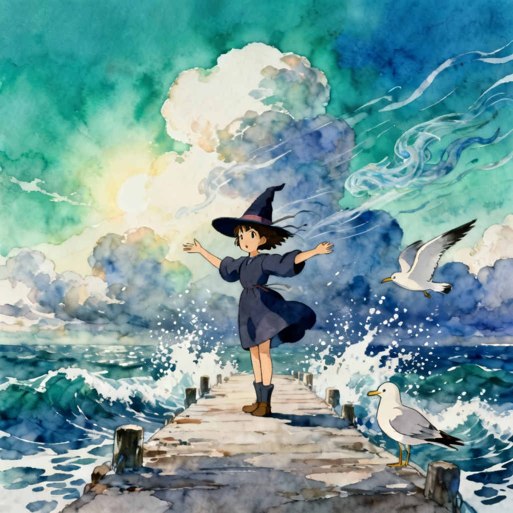 Ghibli-inspired seaside witch summoning breeze spirits on a pier