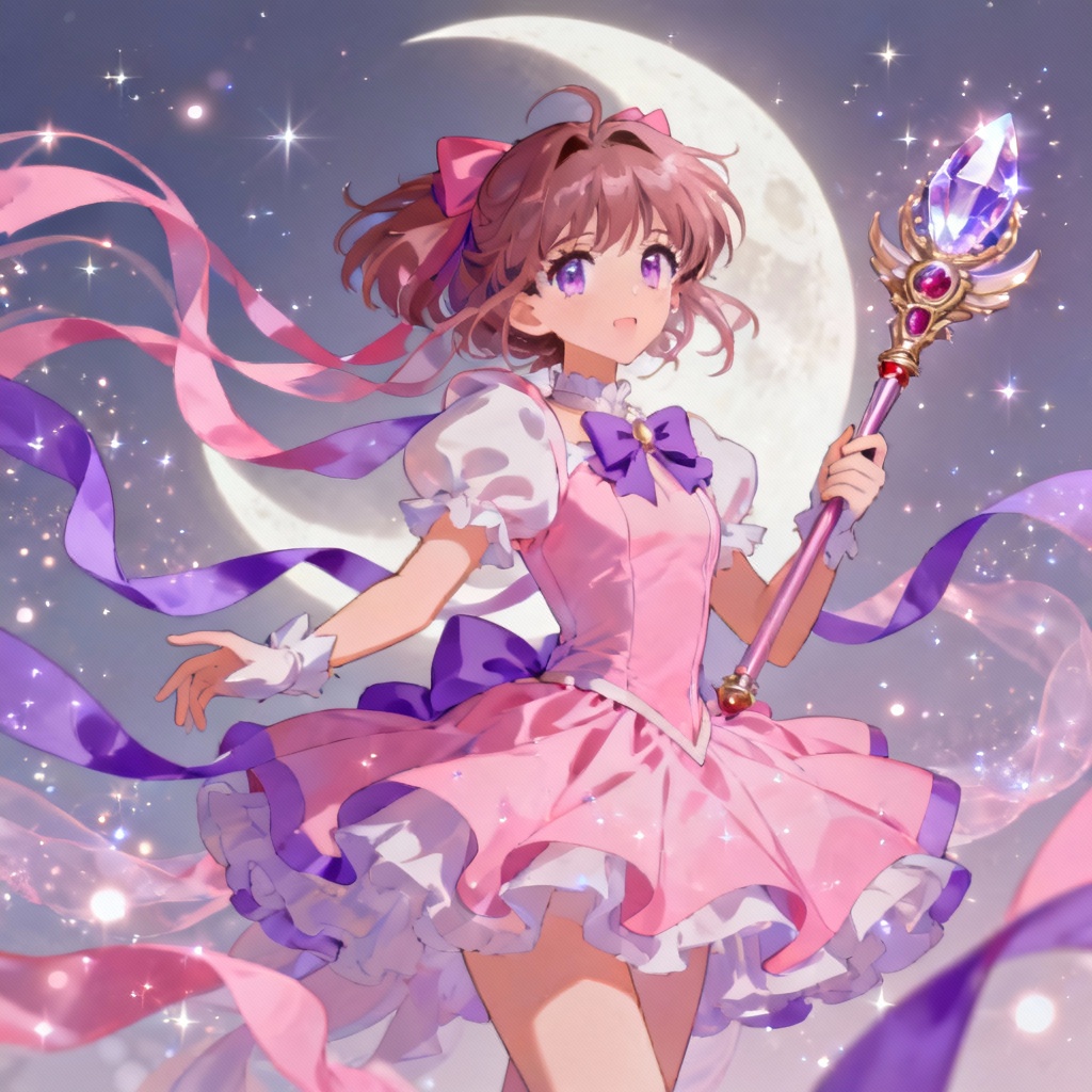 AI magical girl transformation with pastel ribbons and moon backdrop