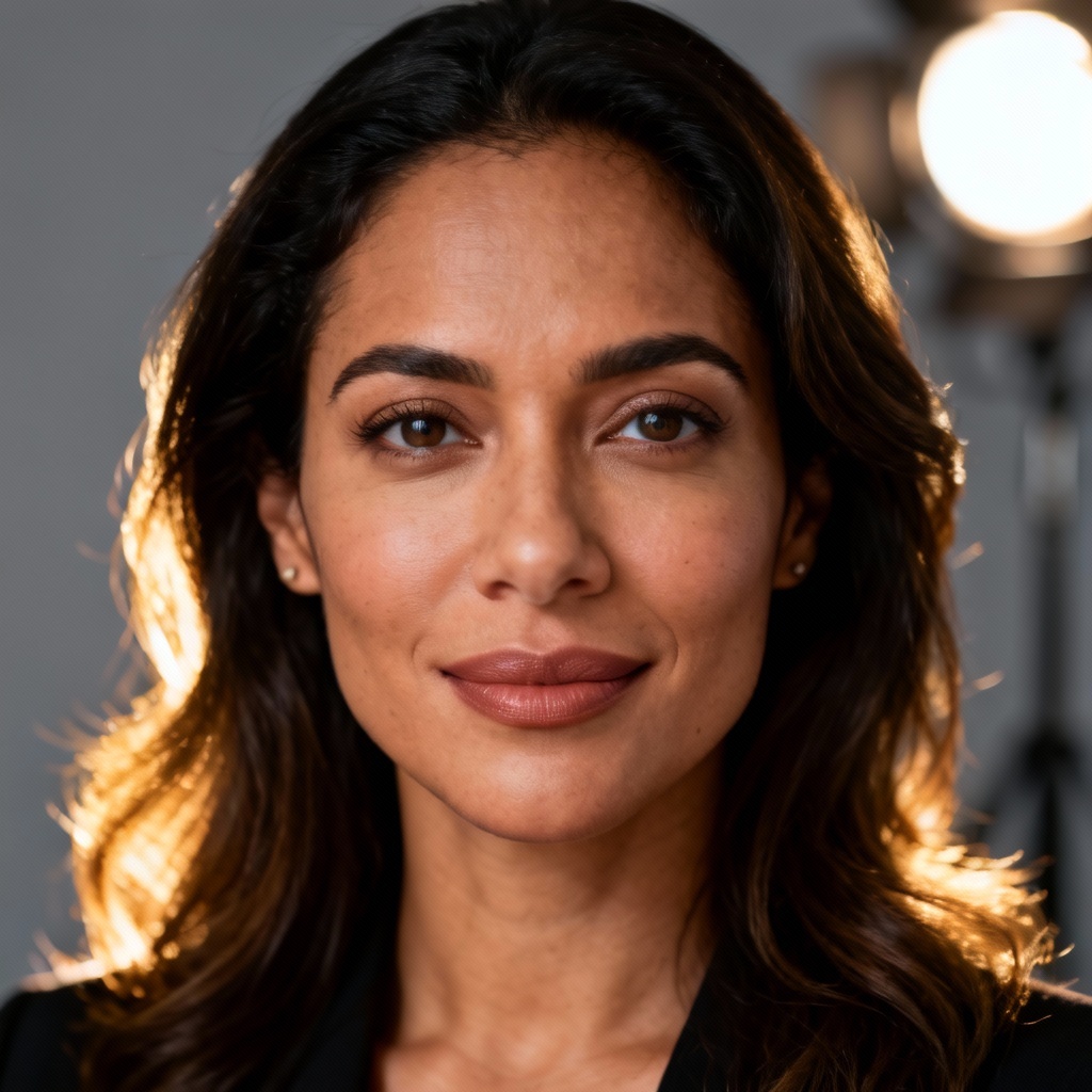 AI photorealistic female headshot with neutral background