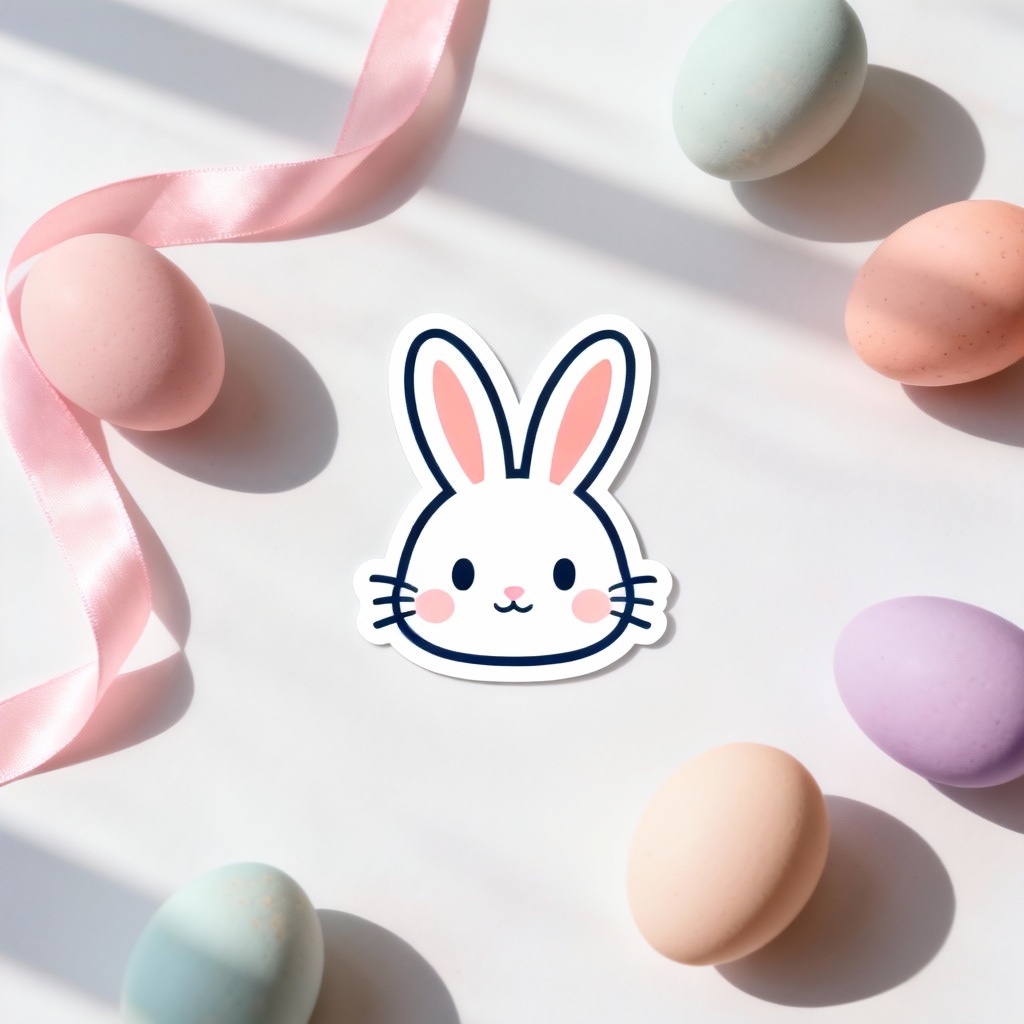 Product flat-lay with Easter bunny sticker overlay