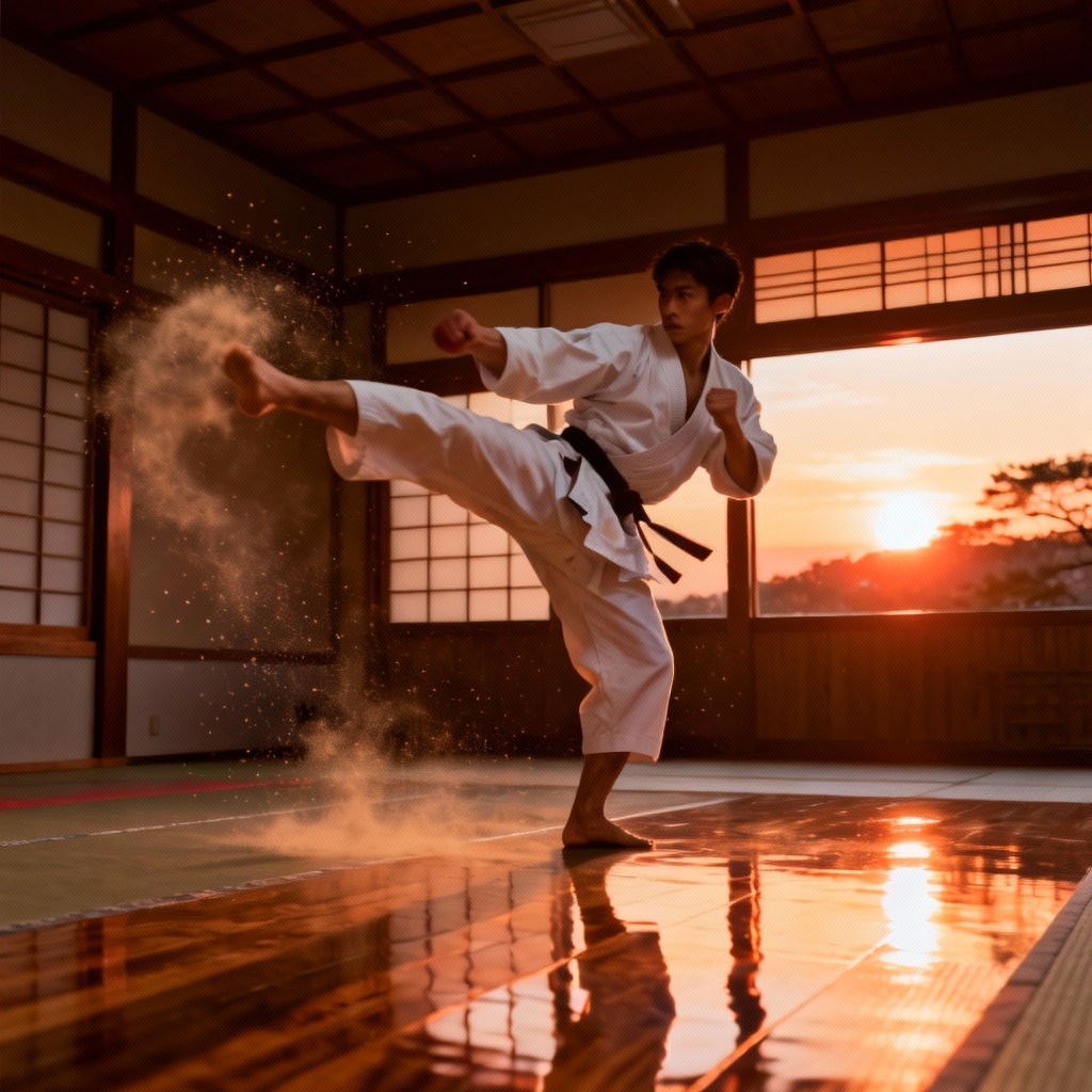 AI karate fighter performing a roundhouse kick at sunset in a dojo