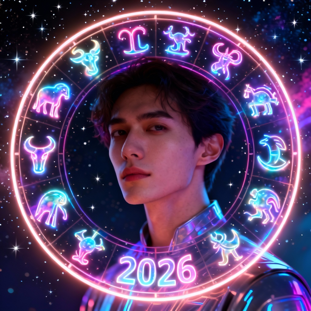AI 2026 zodiac persona hero image with zodiac wheel and glowing constellations