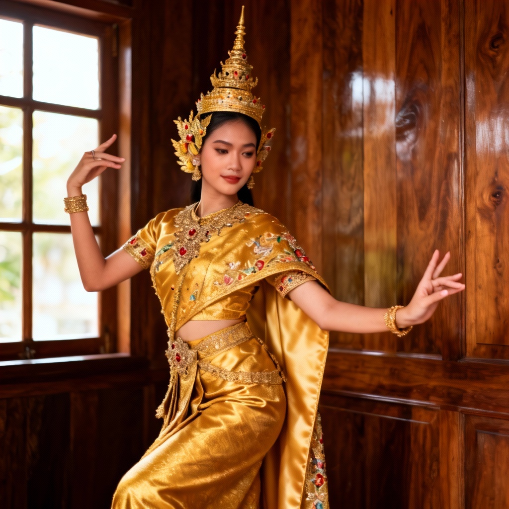 AI traditional Thai dancer in silk costume and ornate crown