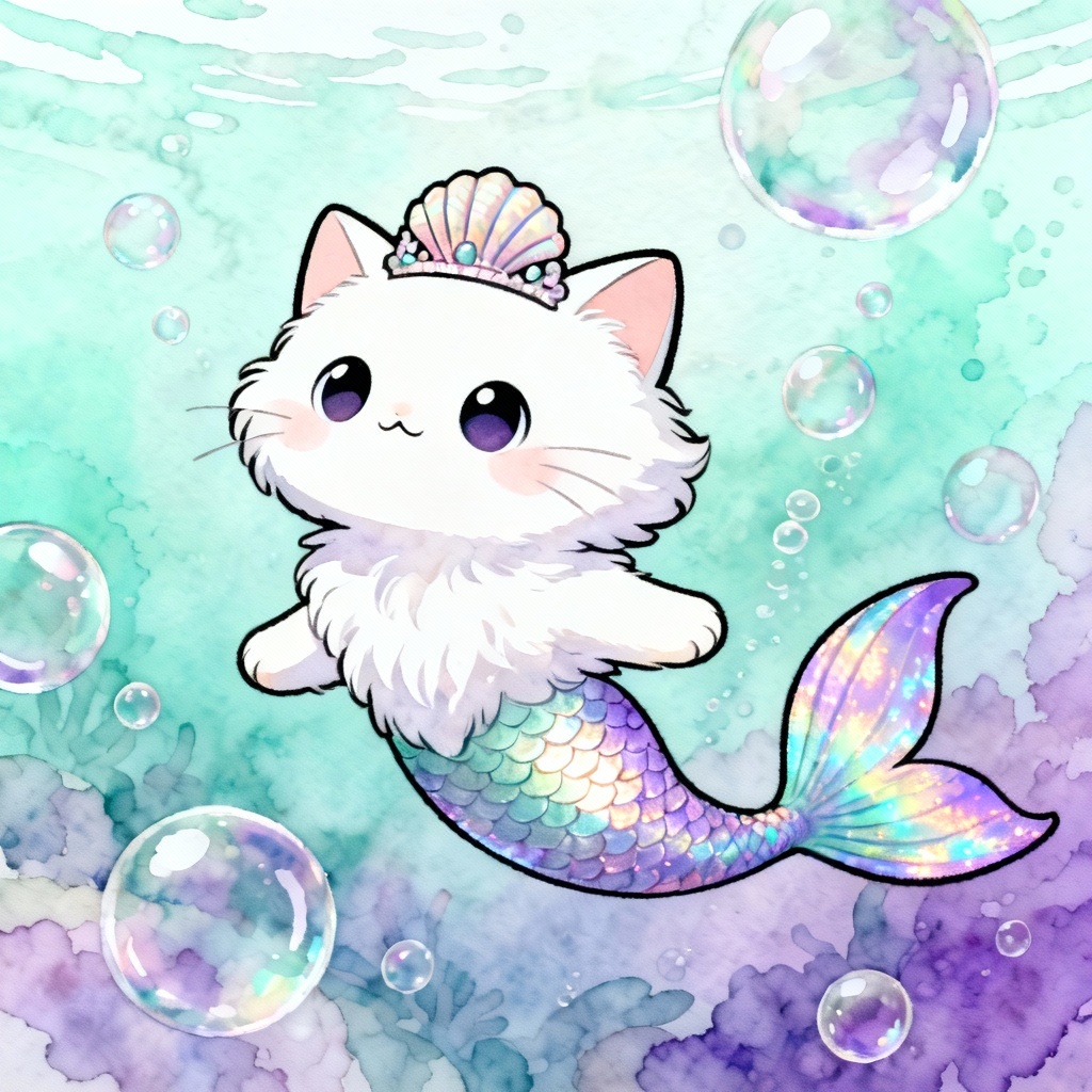 AI Rainbow Mermaid Kitty Artwork