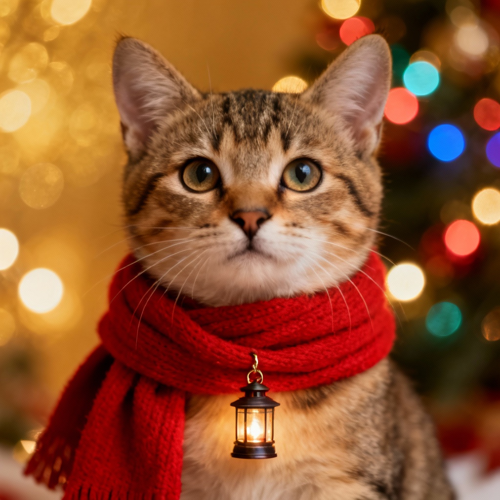 AI New Year pet portrait with red scarf