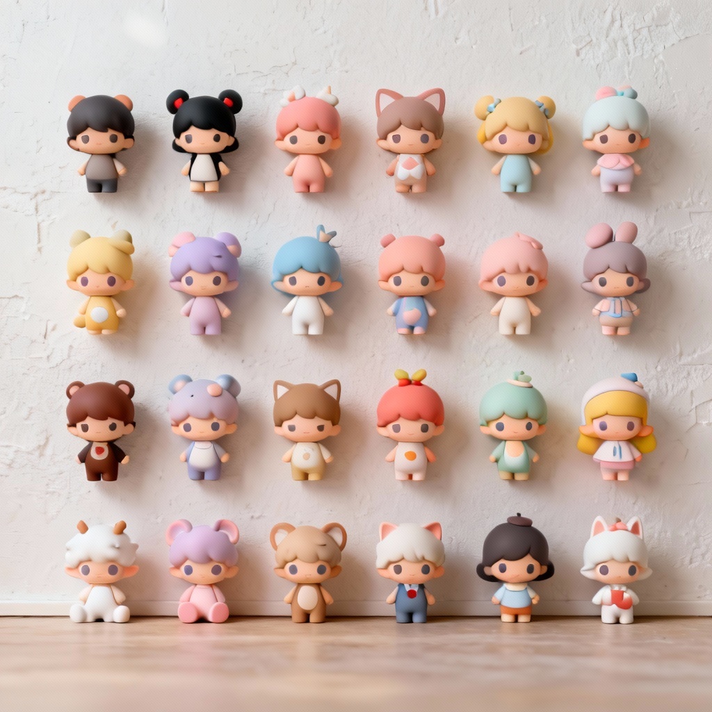 AI pastel vinyl figure collection on wall grid
