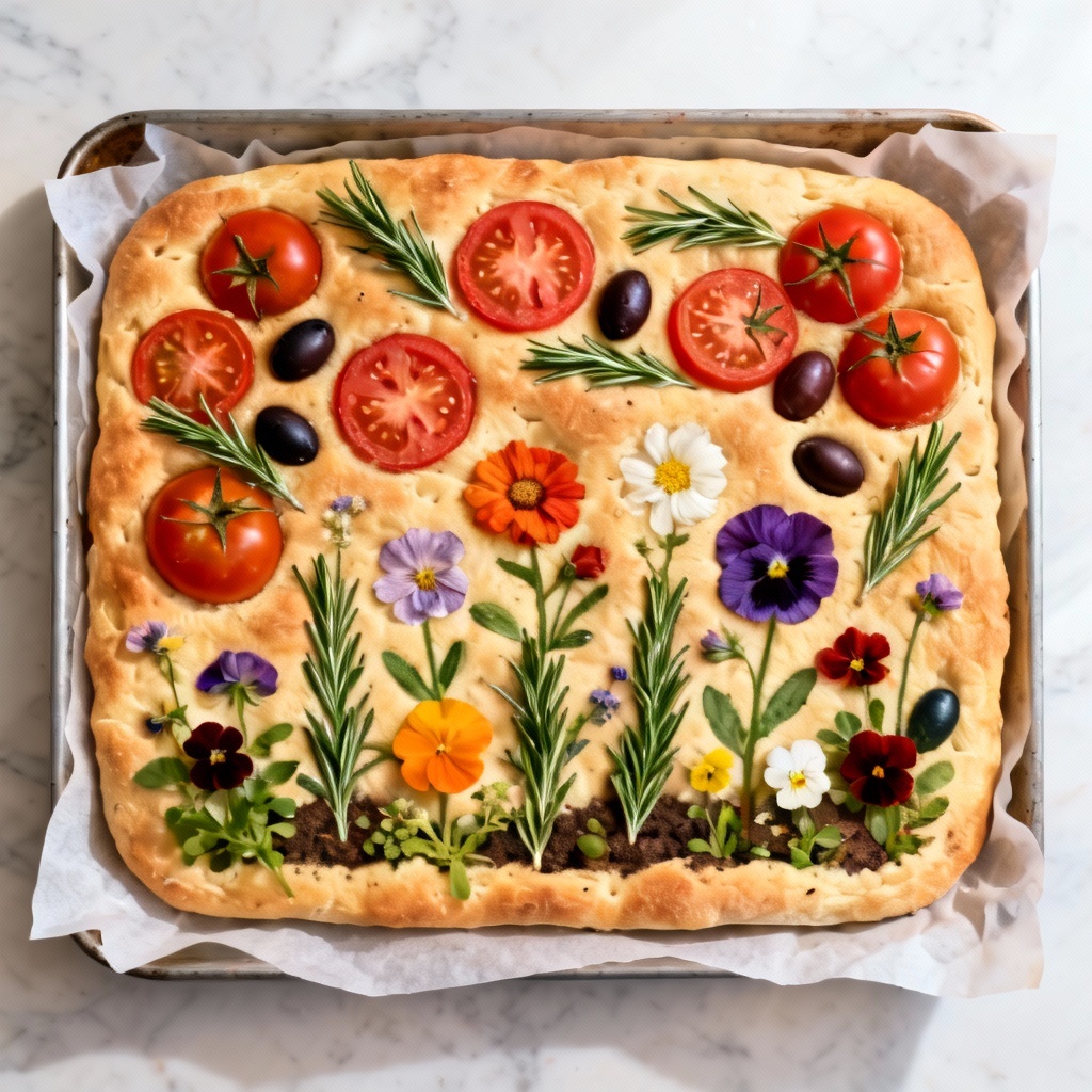 AI focaccia decorated with herbs and vegetables