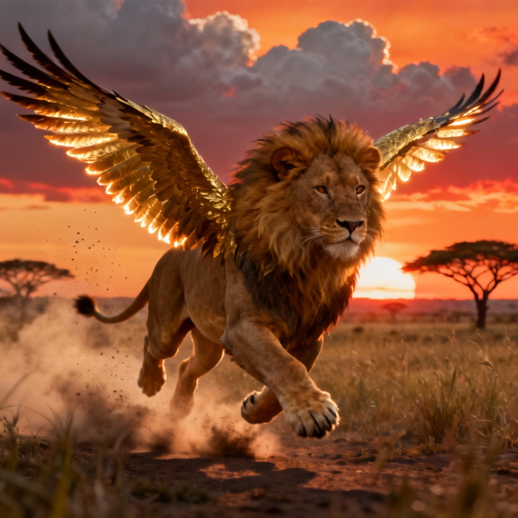 AI lion-eagle hybrid sprinting on savannah