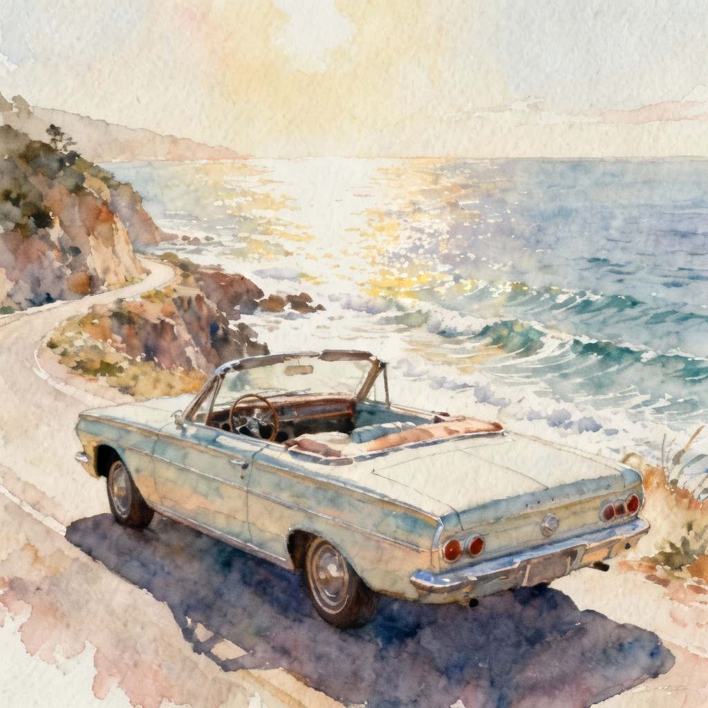 AI watercolor of a vintage convertible by the sea