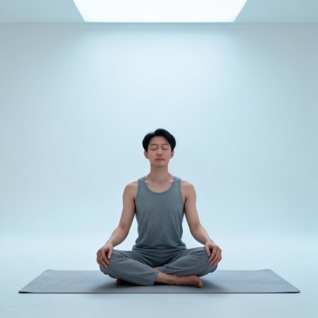 AI meditative cross-legged pose in minimal studio