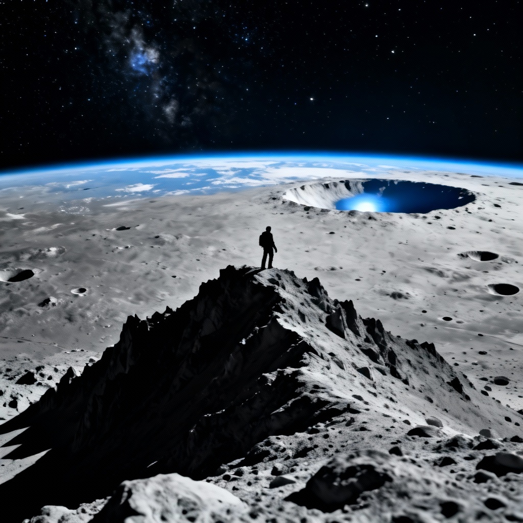 AI lunar ridge scene with explorer silhouette and earthshine