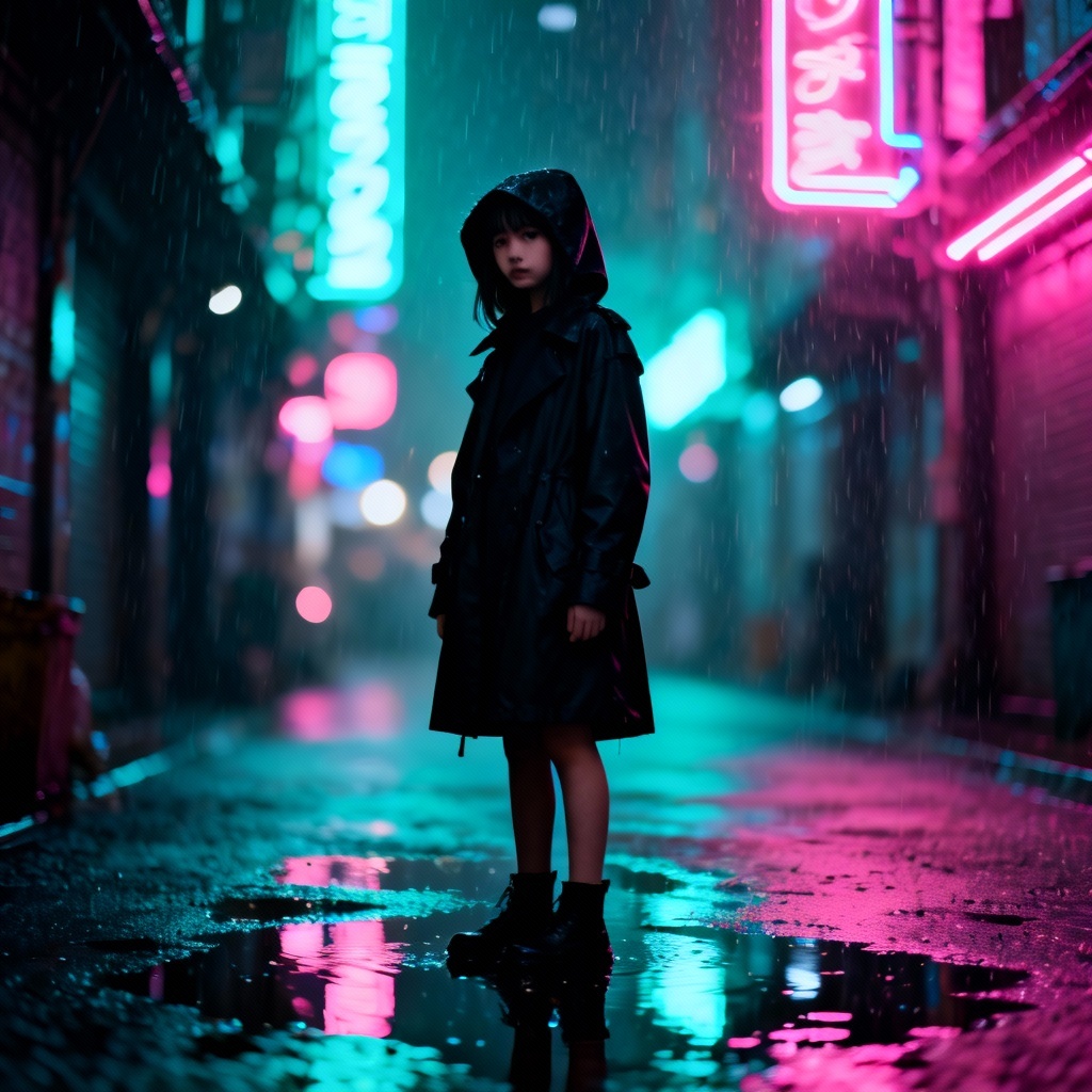 AI mysterious girl walking through neon noir alley with rain