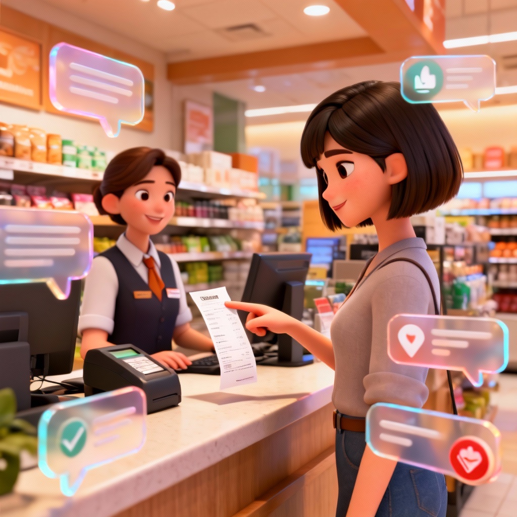 Customer service counter scene with overlay text bubbles