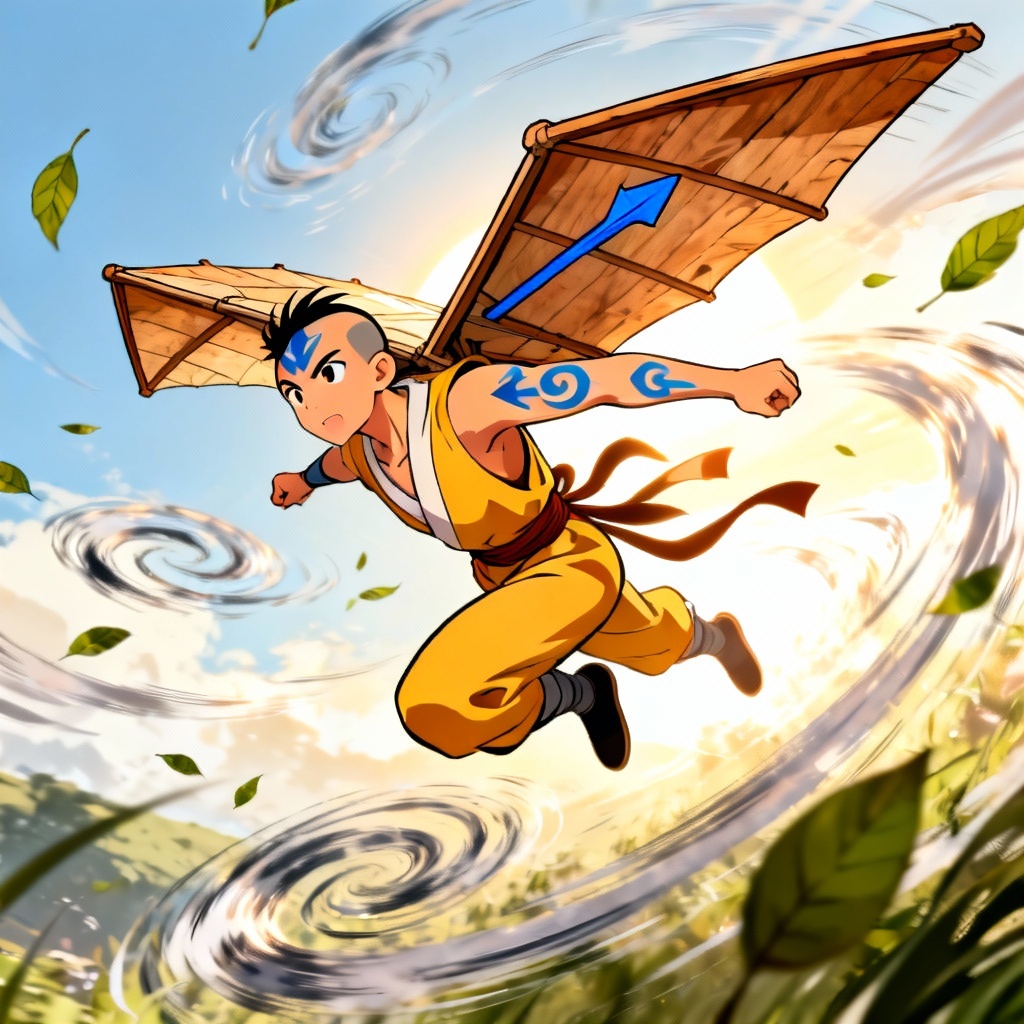 AI air nomad avatar flying with glider in cel-shaded style