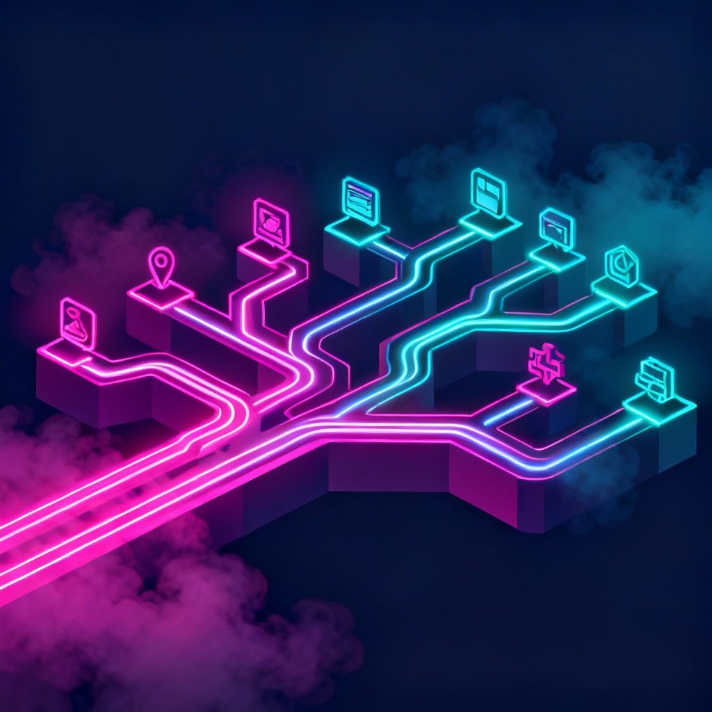Isometric neon city with glowing roads forming a skill tree