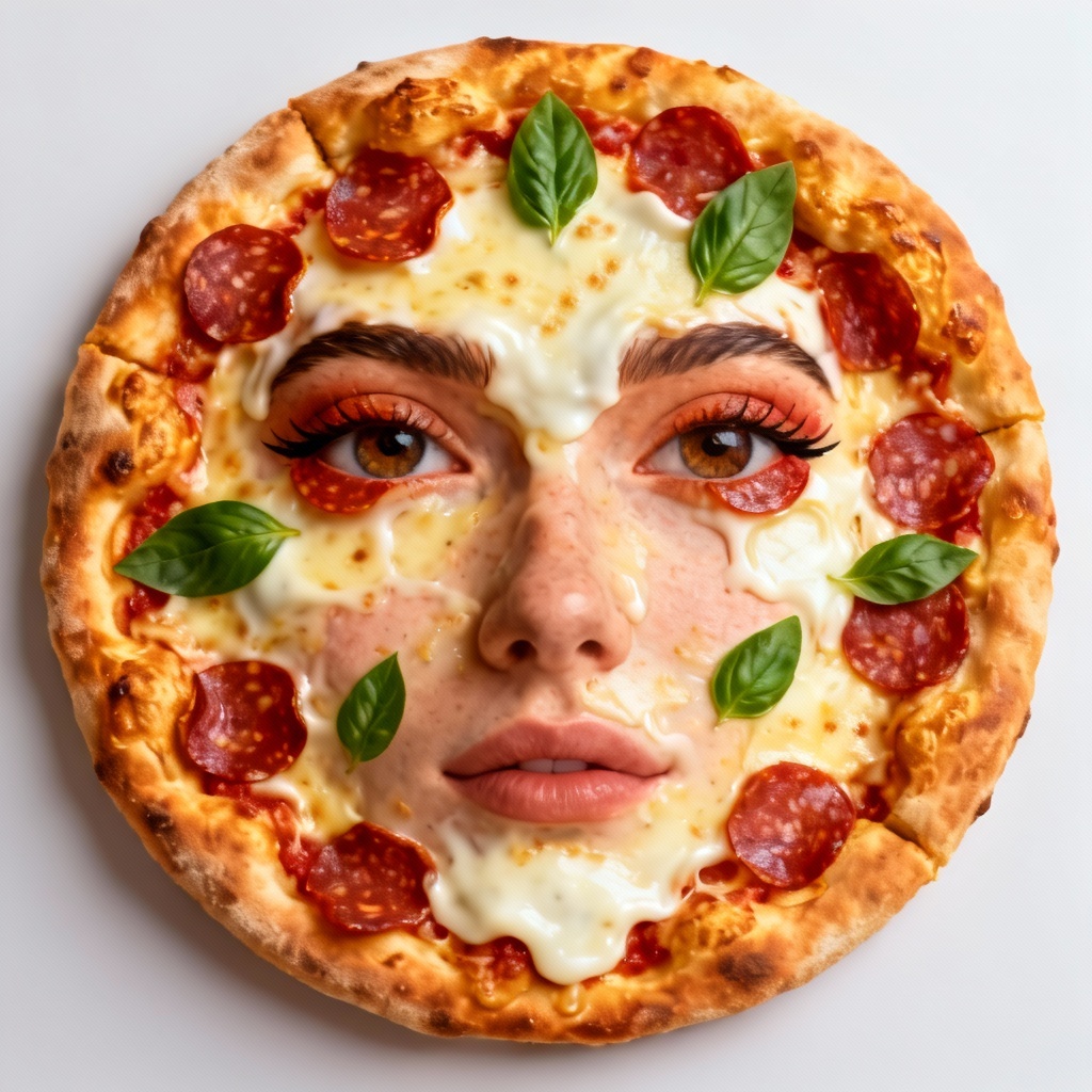 AI example transforming a portrait into a pizza with cheese and pepperoni