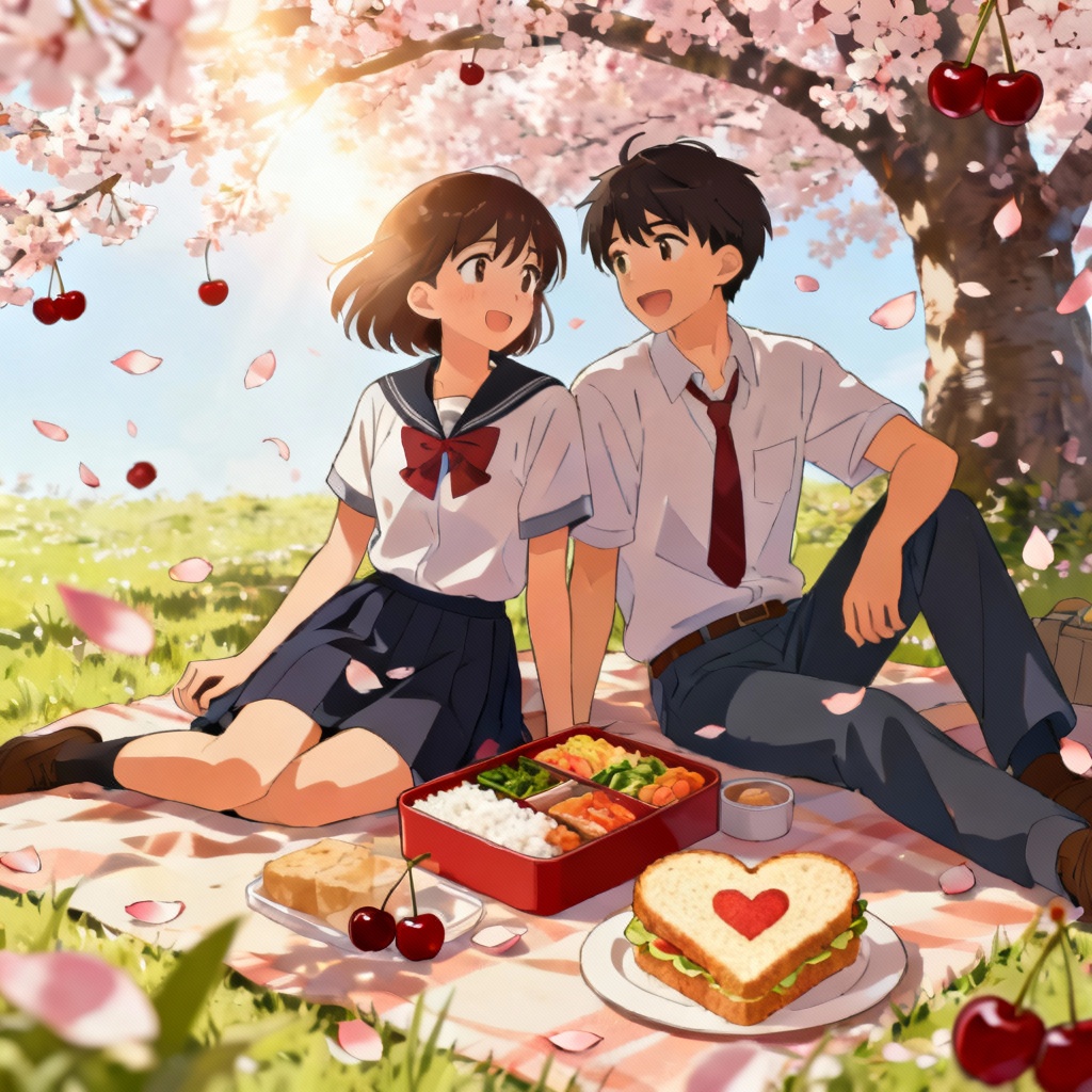Anime love cartoon of couple picnic under cherry blossoms