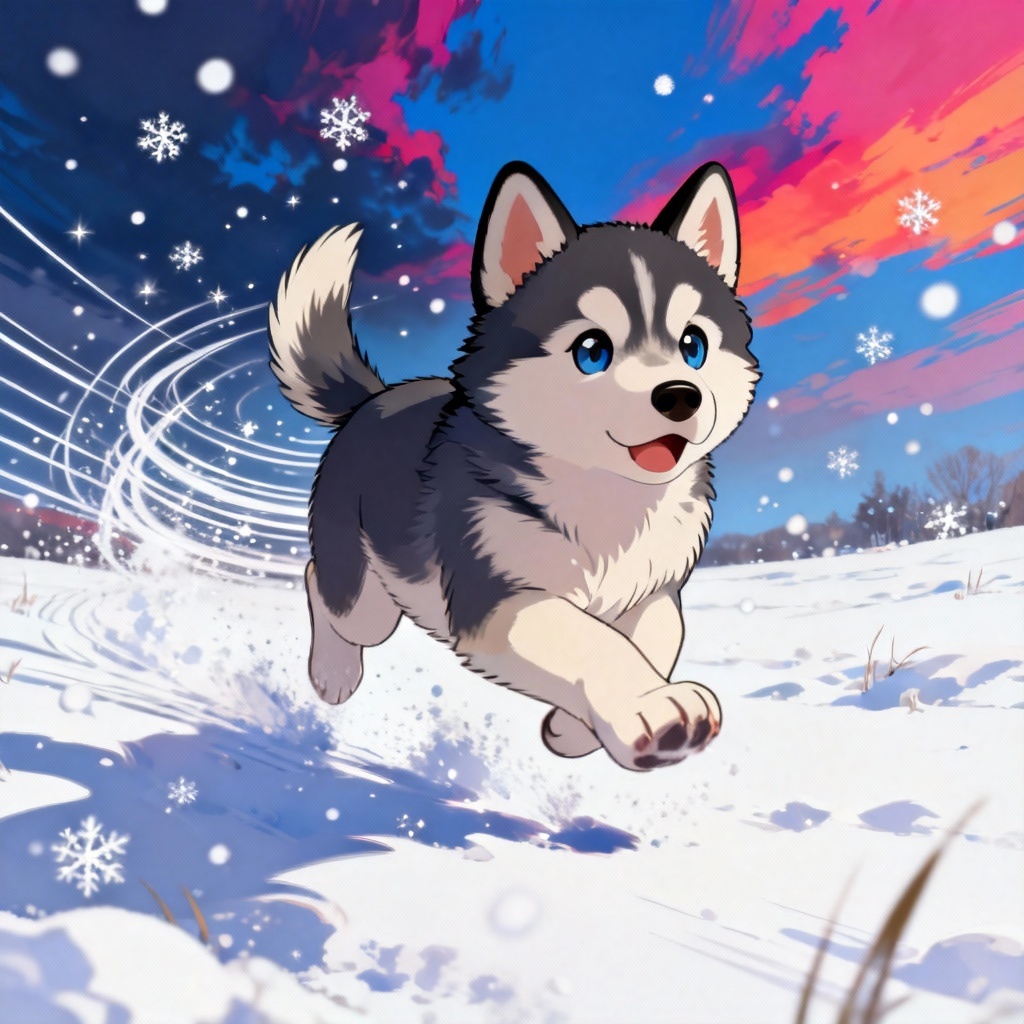AI anime husky puppy in snowy field