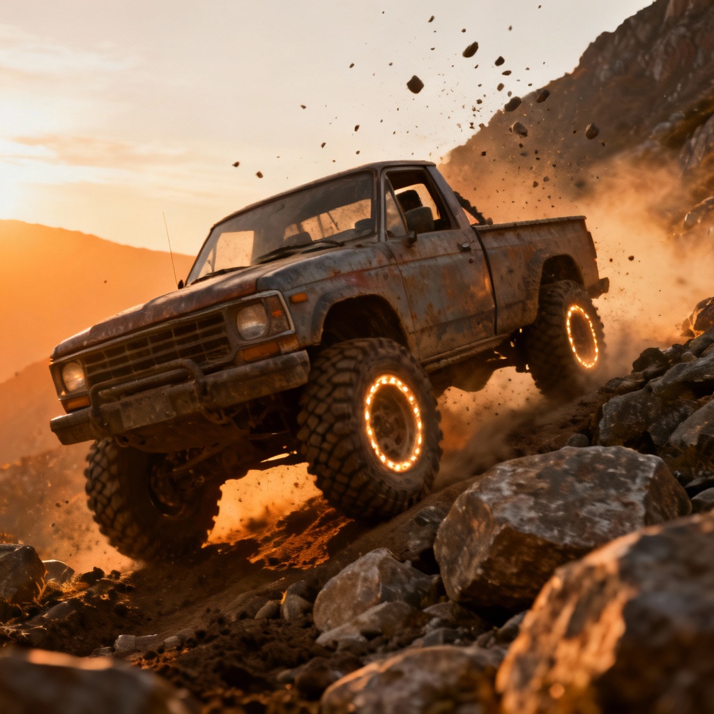 AI off-road truck climbing rocks at golden hour