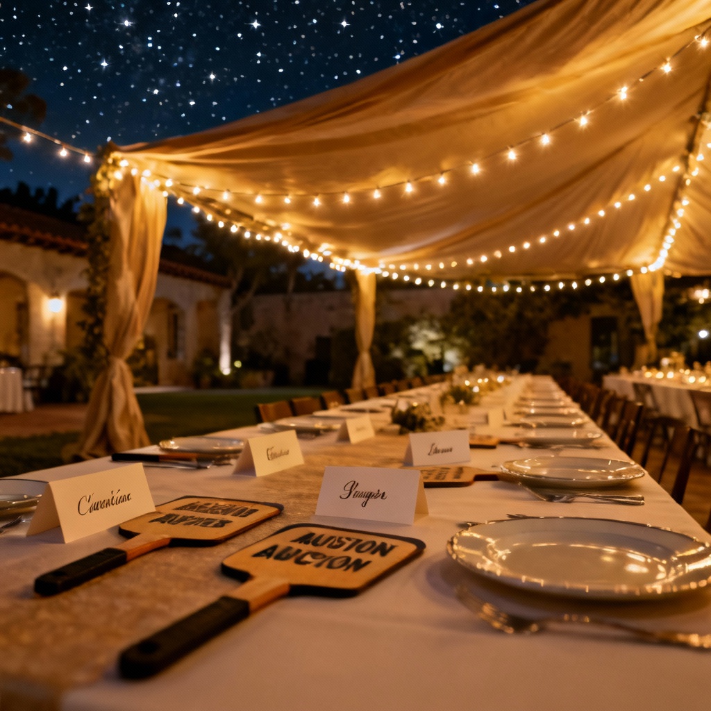 AI charity dinner evening event with long tables and canopy