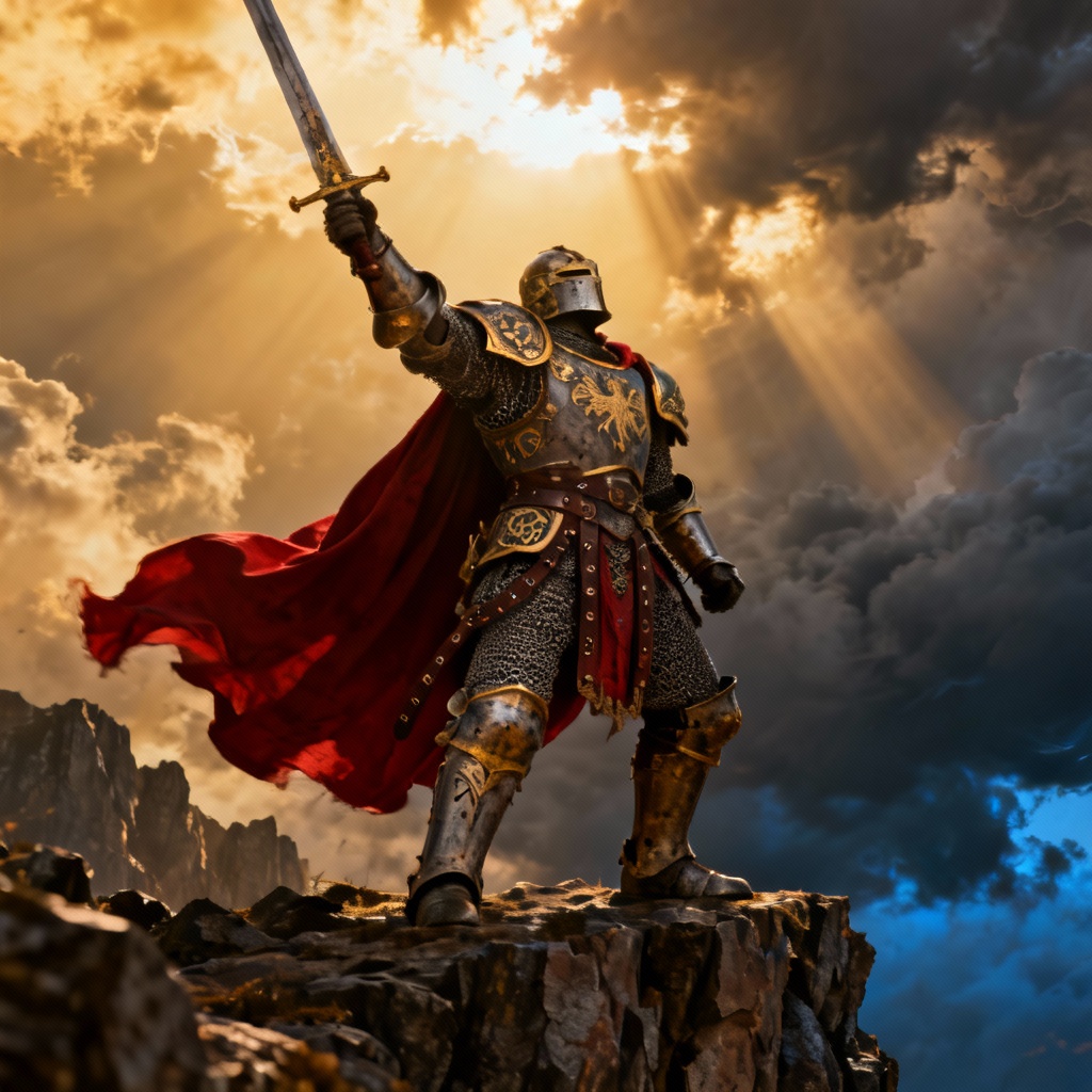 AI heroic figure generator example of a mythic paladin on a cliff at golden hour