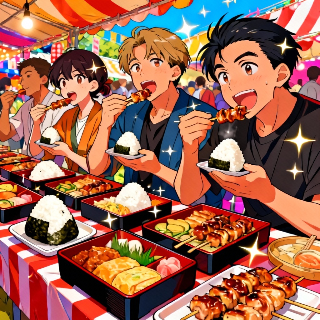 AI anime characters eating bento at a festival