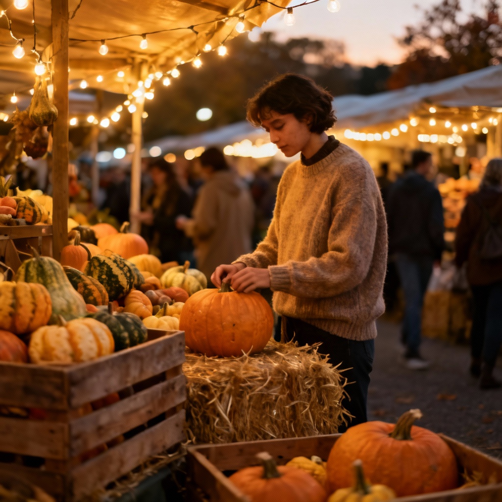 AI pumpkin patch market scene in autumn