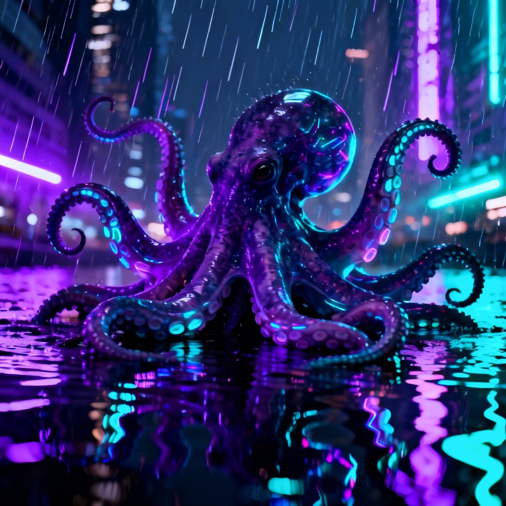 Cyberpunk octopus with neon glow in futuristic city