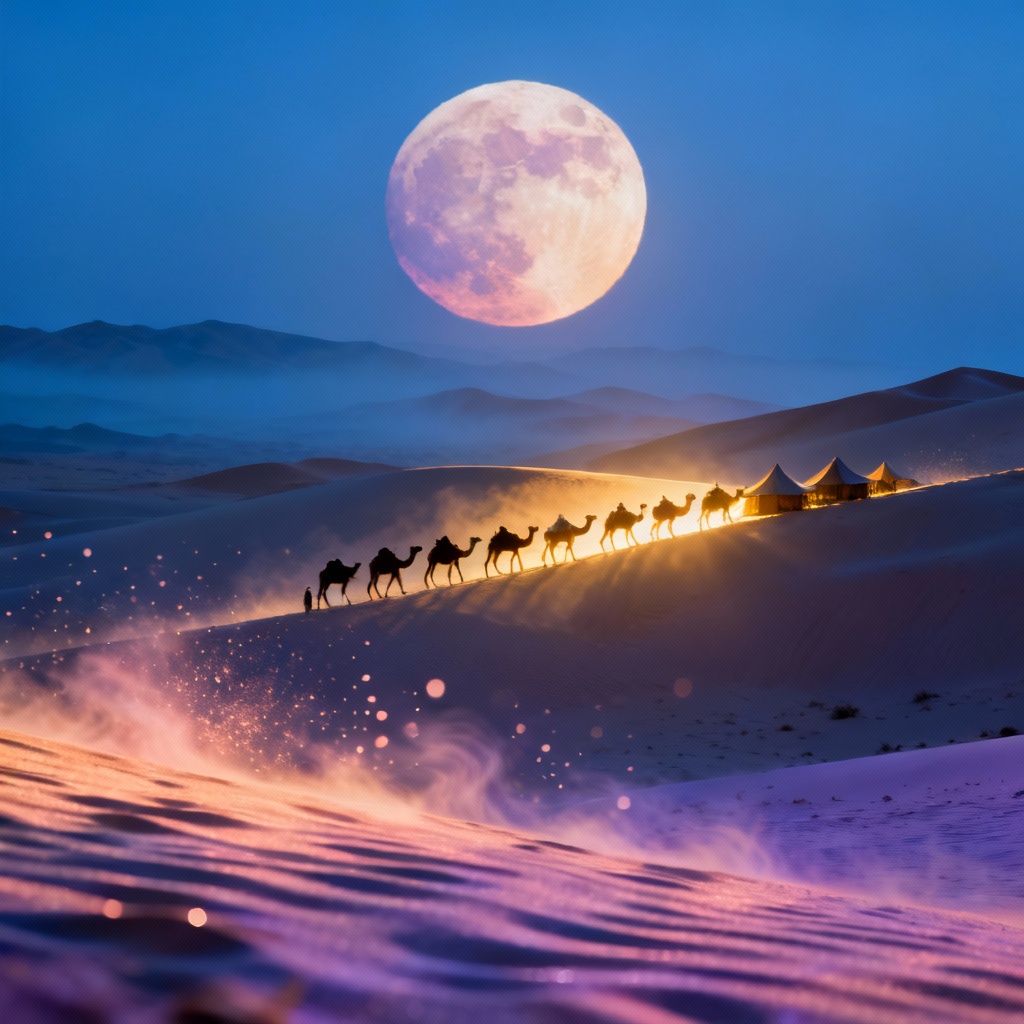AI ethereal moonlit desert caravan
