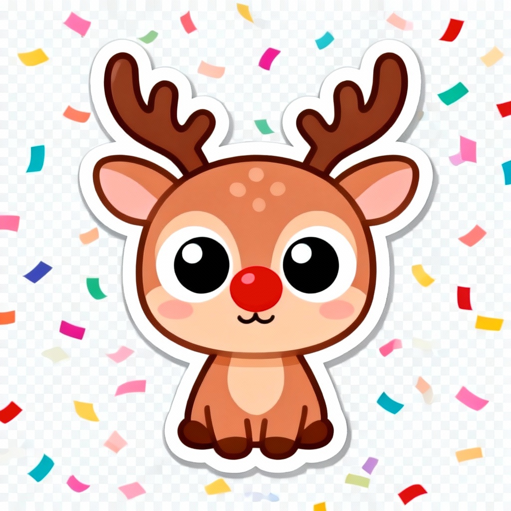 Cute cartoon reindeer sticker with red nose and pastel colors