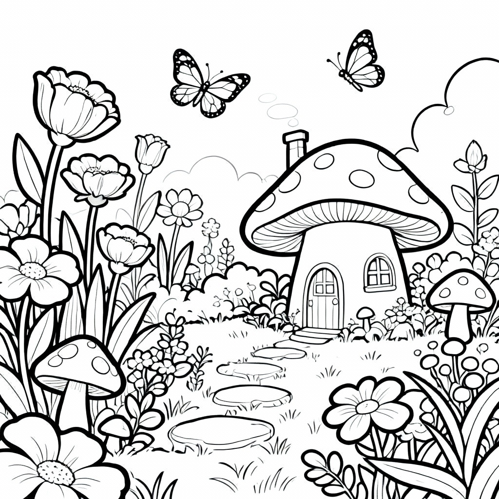 AI coloring page line art of a fantasy garden
