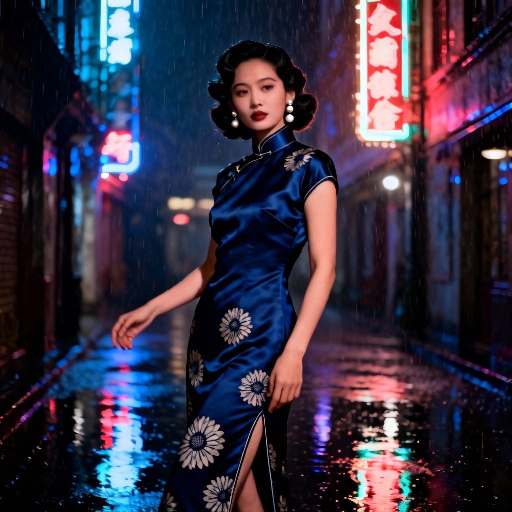 AI vintage Shanghai cheongsam at night with Art Deco pattern