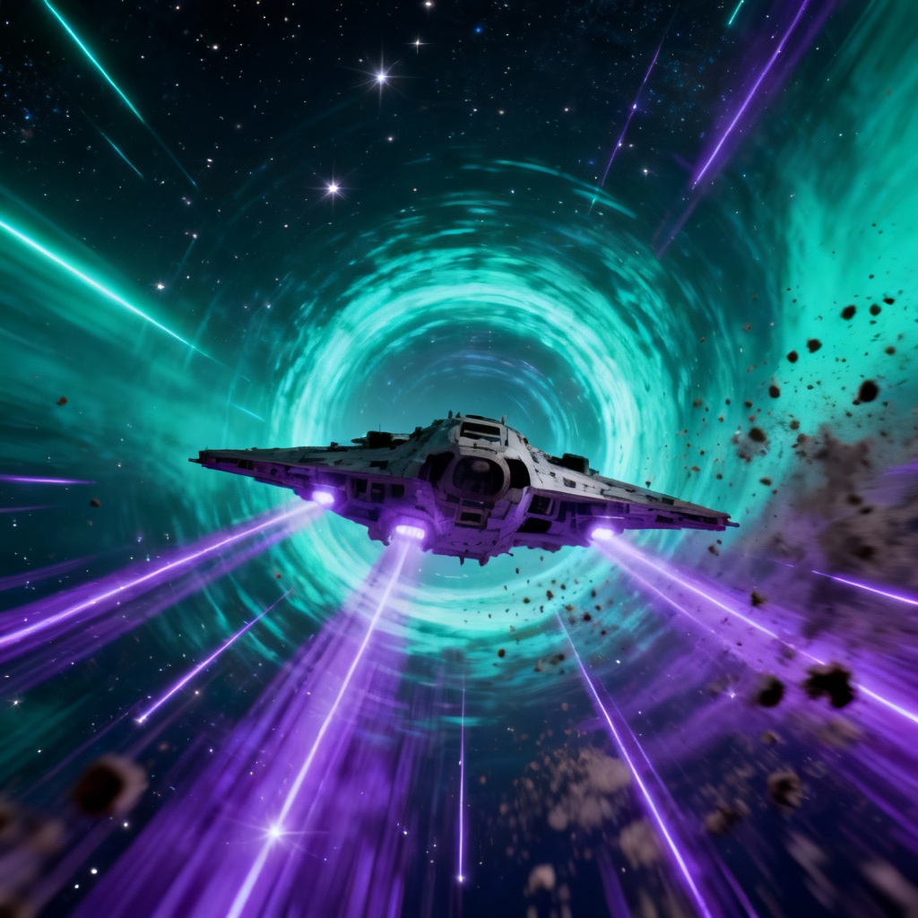 AI starship making a hyperspace jump with light trails