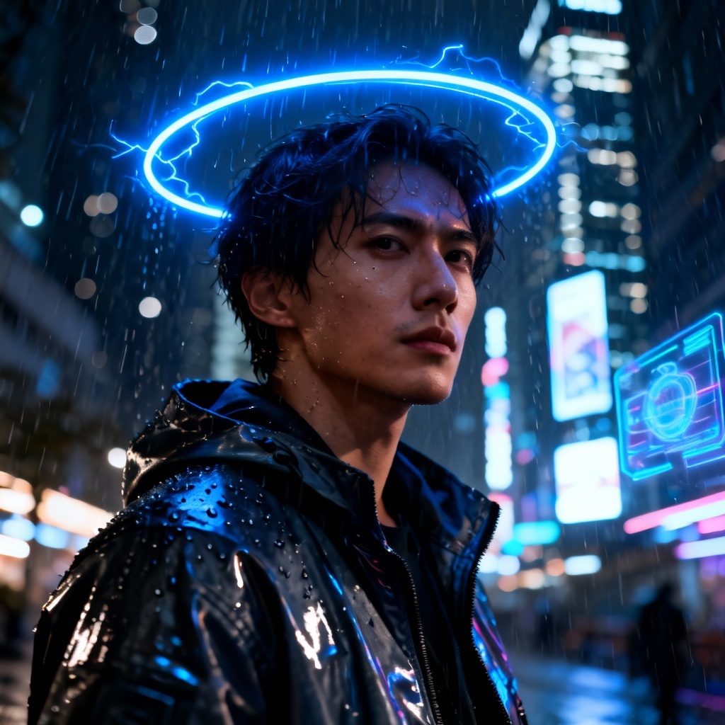 Cyberpunk portrait with electric blue neon halo