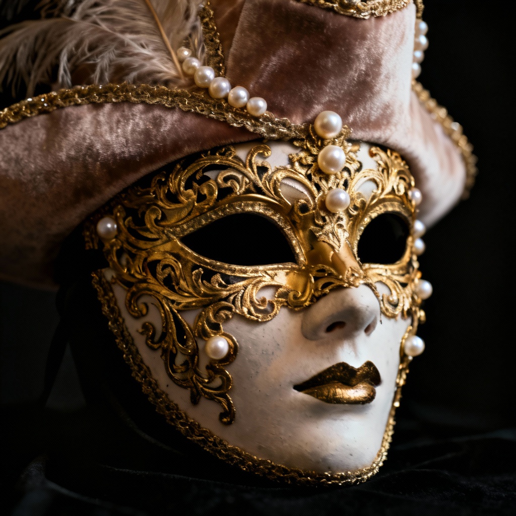 AI Venetian carnival mask with gold filigree