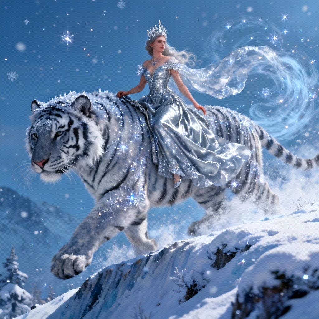 AI Fantasy queen riding a tiger in snow